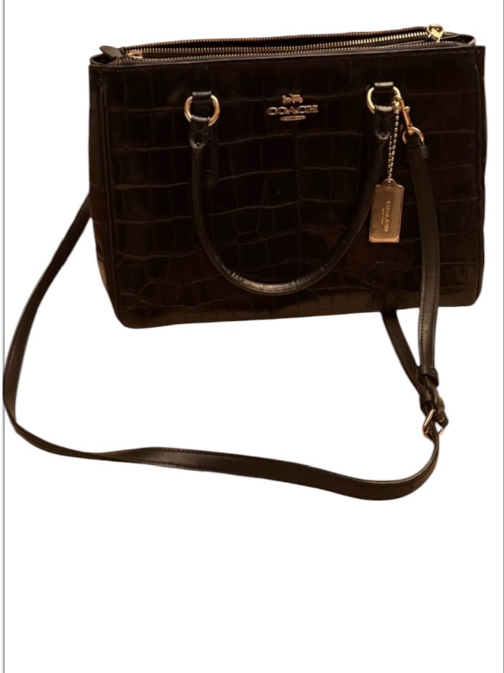COACH Surrey Carryall Black Croc-Embossed Leather Satchel F48619